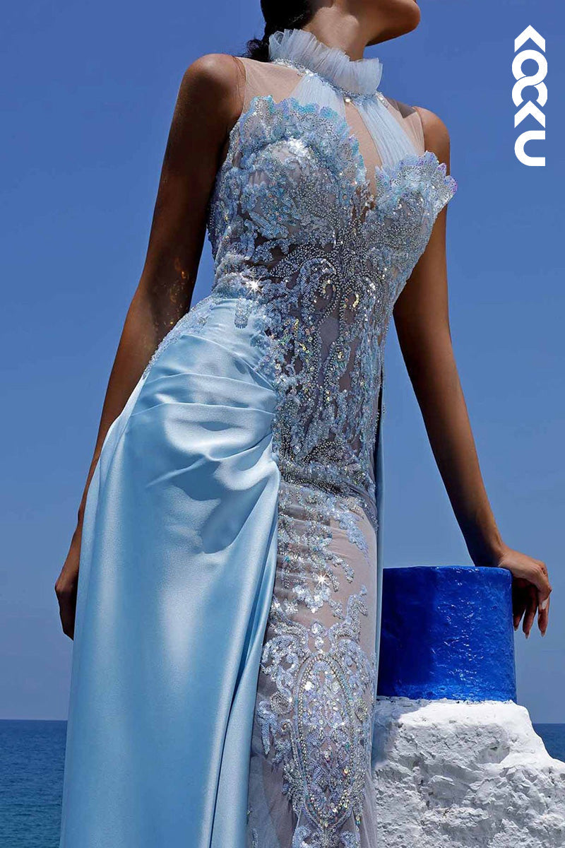 L2037 - High Neck Sleeveless Beaded Sheer Tulle Satin Sheath Long Prom Evening Dress