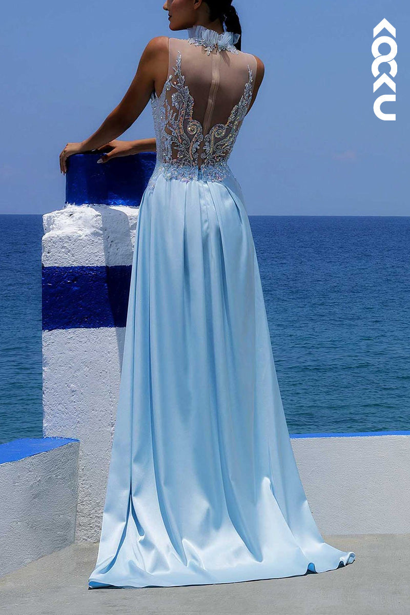 L2037 - High Neck Sleeveless Beaded Sheer Tulle Satin Sheath Long Prom Evening Dress