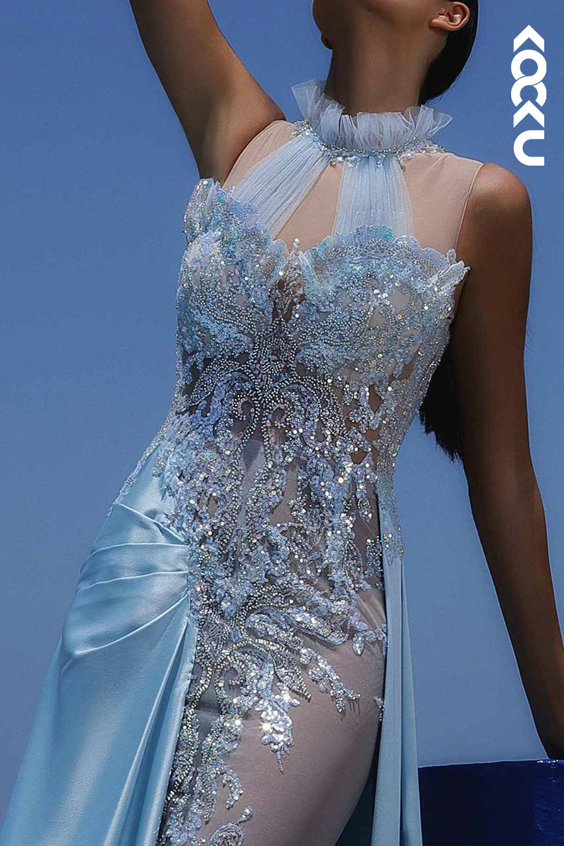 L2037 - High Neck Sleeveless Beaded Sheer Tulle Satin Sheath Long Prom Evening Dress