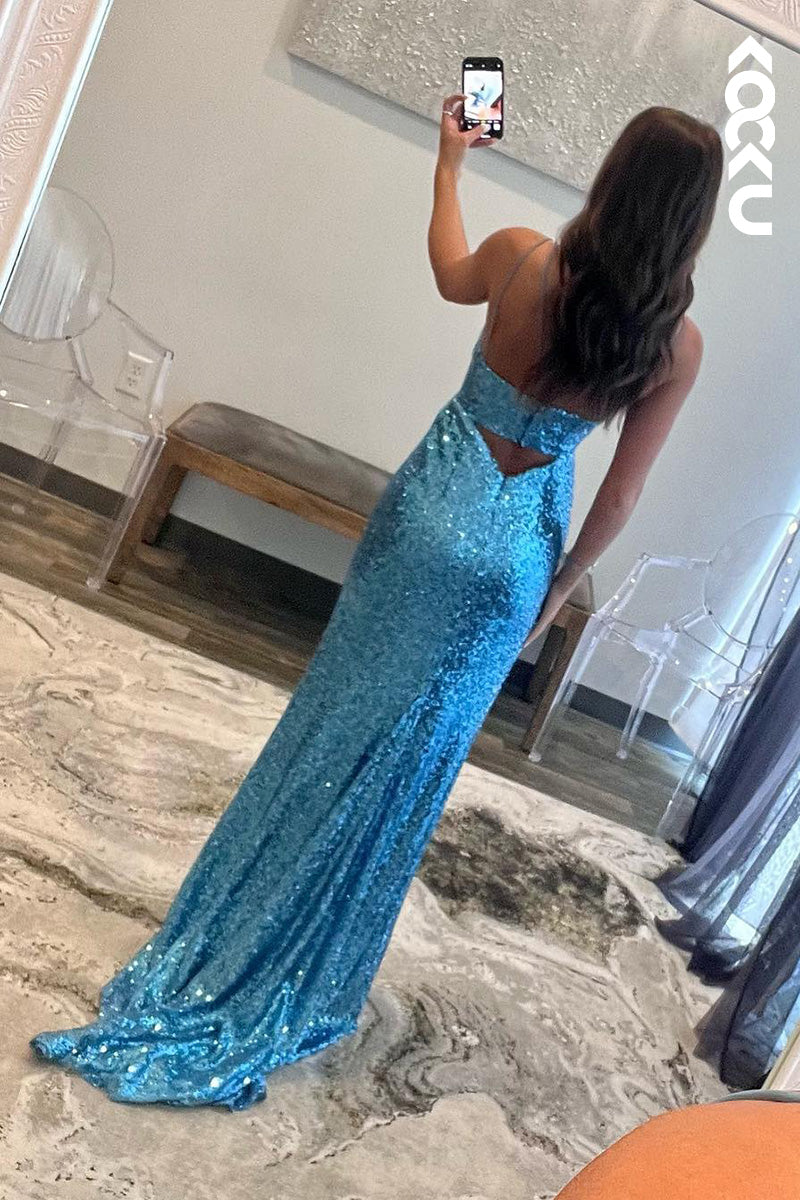 L2040 - V-Neck Spaghetti Straps Sequined Cut Outs Sheath Long Prom Evening Dress