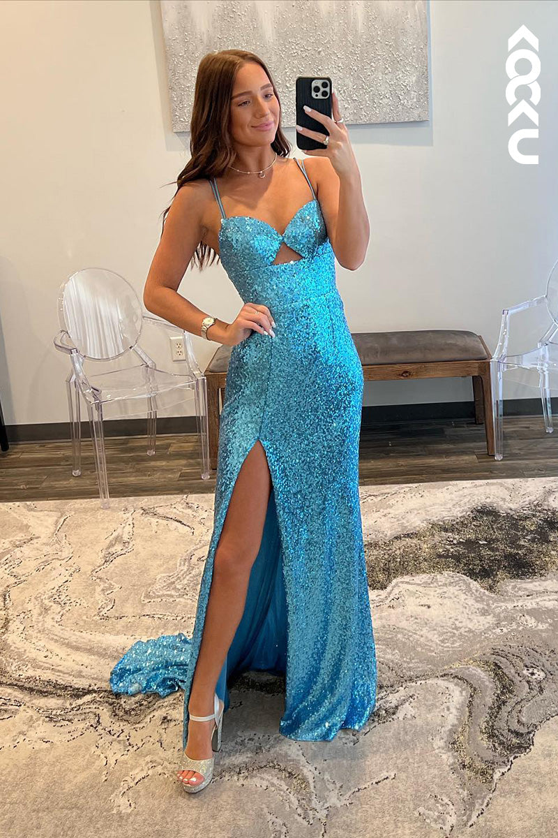 L2040 - V-Neck Spaghetti Straps Sequined Cut Outs Sheath Long Prom Evening Dress