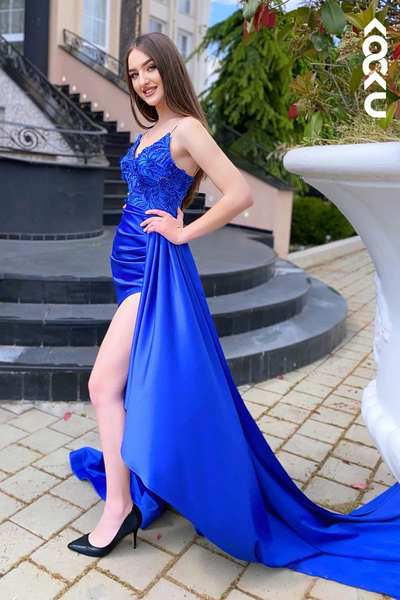 L2041 - V-Neck Spaghetti Straps Appliqued Ruched Satin Sheath Long Prom Evening Dress