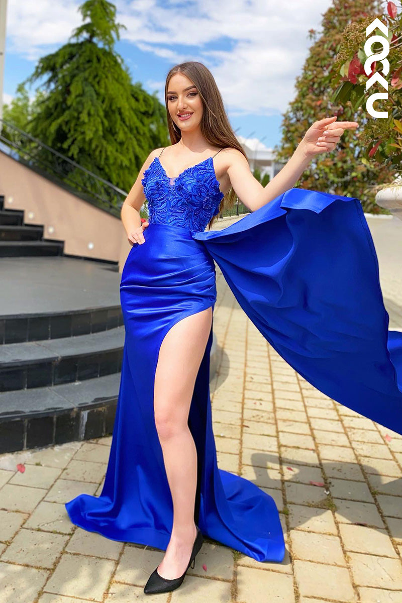 L2041 - V-Neck Spaghetti Straps Appliqued Ruched Satin Sheath Long Prom Evening Dress