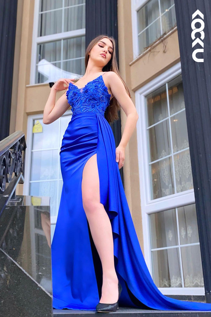 L2041 - V-Neck Spaghetti Straps Appliqued Ruched Satin Sheath Long Prom Evening Dress