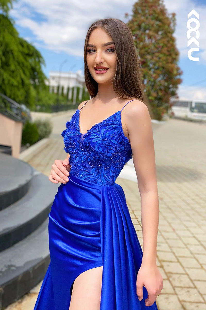 L2041 - V-Neck Spaghetti Straps Appliqued Ruched Satin Sheath Long Prom Evening Dress