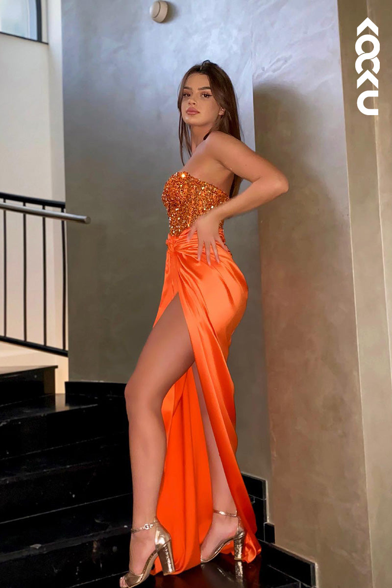 L2043 - One Shoulder Sweetheart Sequined Ruched Satin Sheath Long Prom Evening Dress