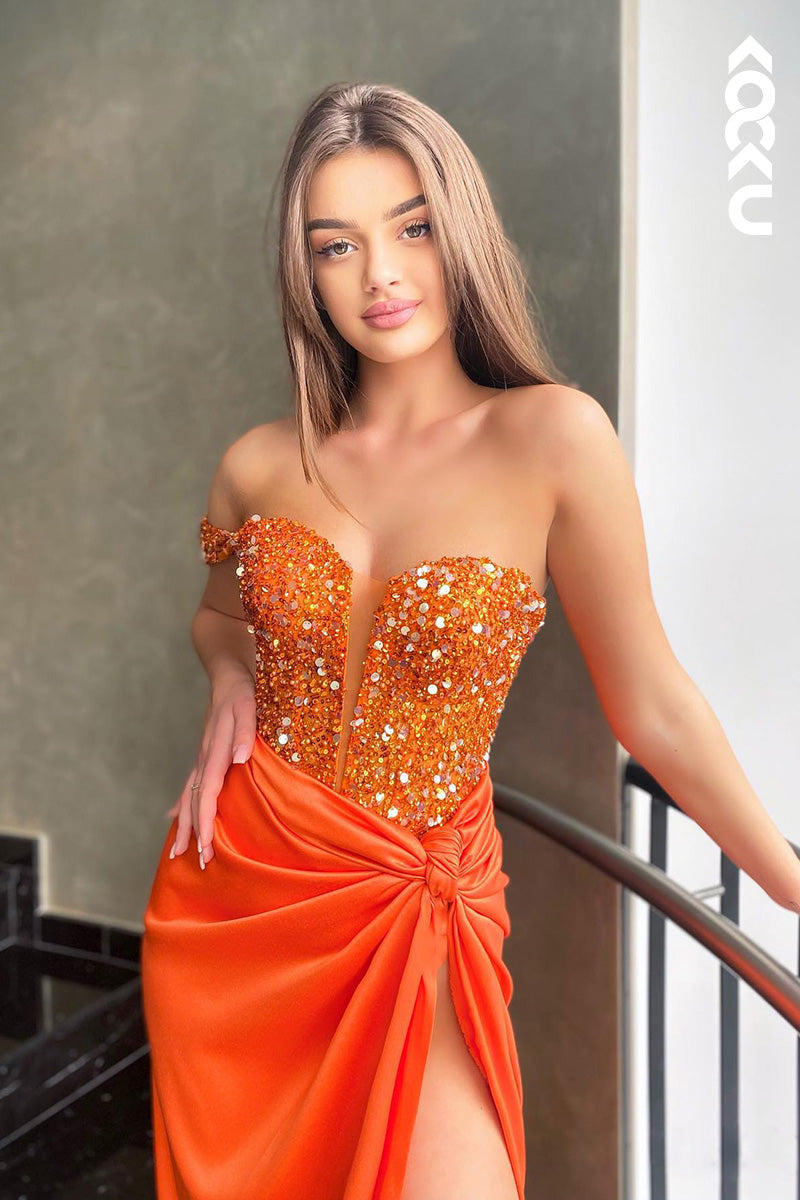 L2043 - One Shoulder Sweetheart Sequined Ruched Satin Sheath Long Prom Evening Dress