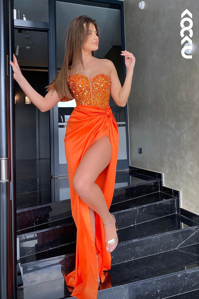 L2043 - One Shoulder Sweetheart Sequined Ruched Satin Sheath Long Prom Evening Dress
