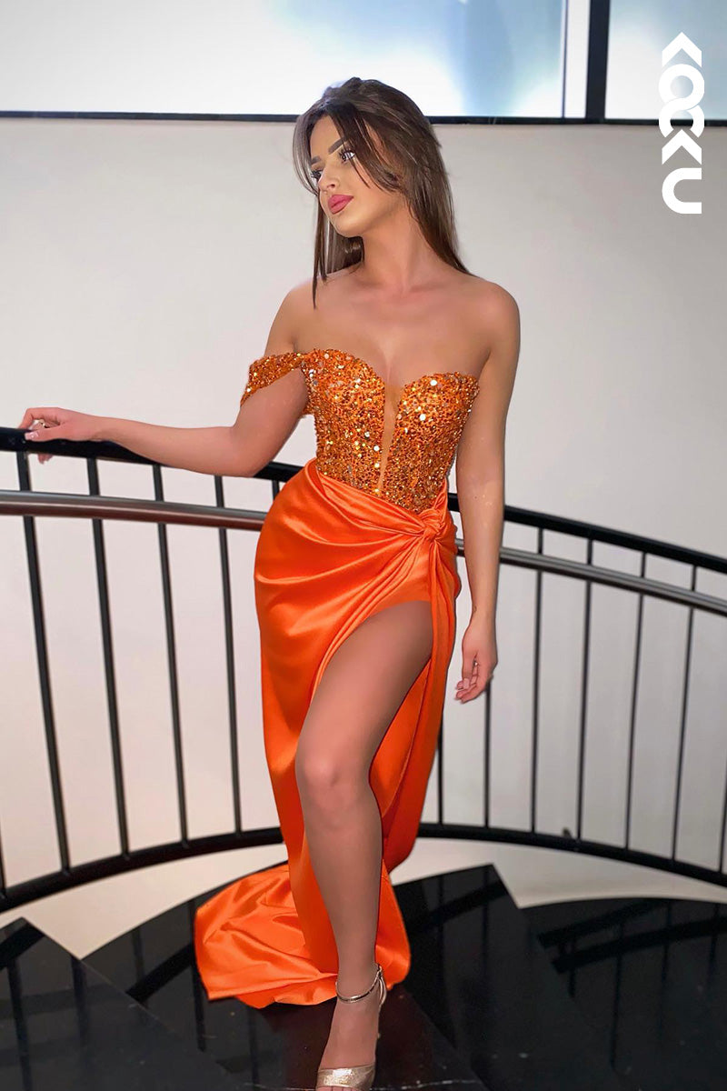 L2043 - One Shoulder Sweetheart Sequined Ruched Satin Sheath Long Prom Evening Dress