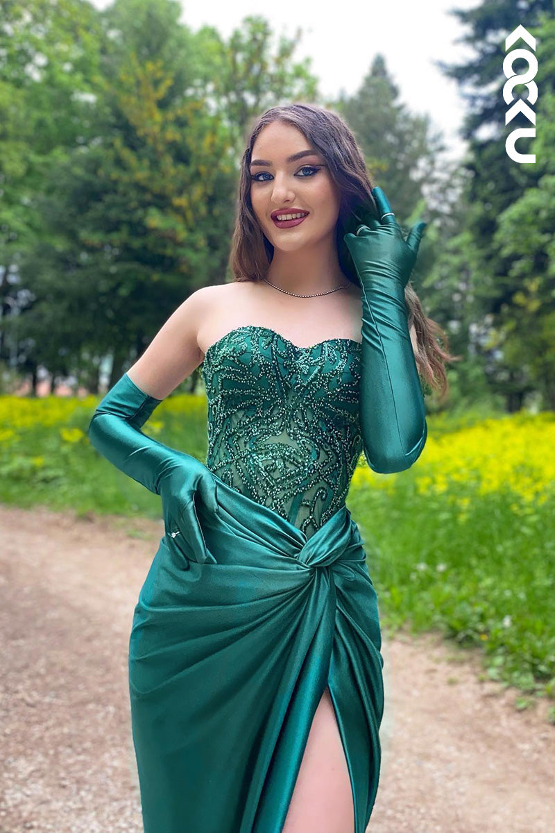 L2044 - Sweetheart Strapless Beaded Ruched Satin Sheath Long Prom Evening Dress