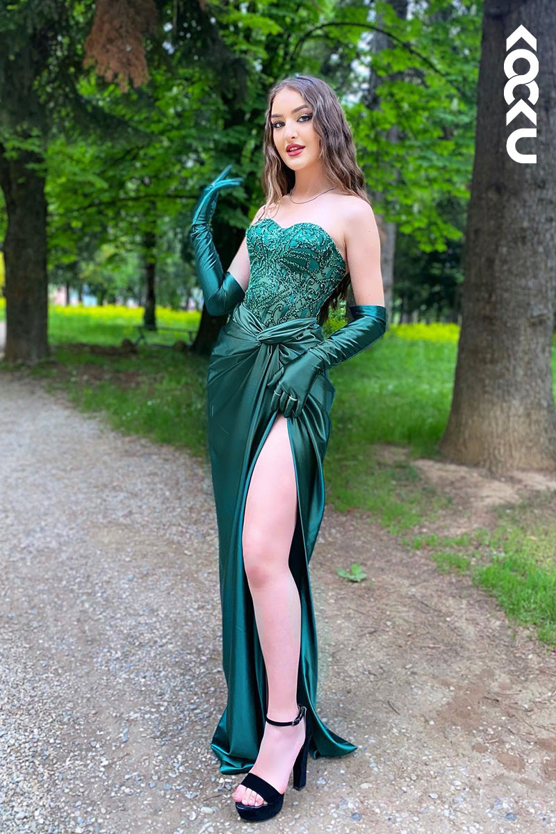 L2044 - Sweetheart Strapless Beaded Ruched Satin Sheath Long Prom Evening Dress