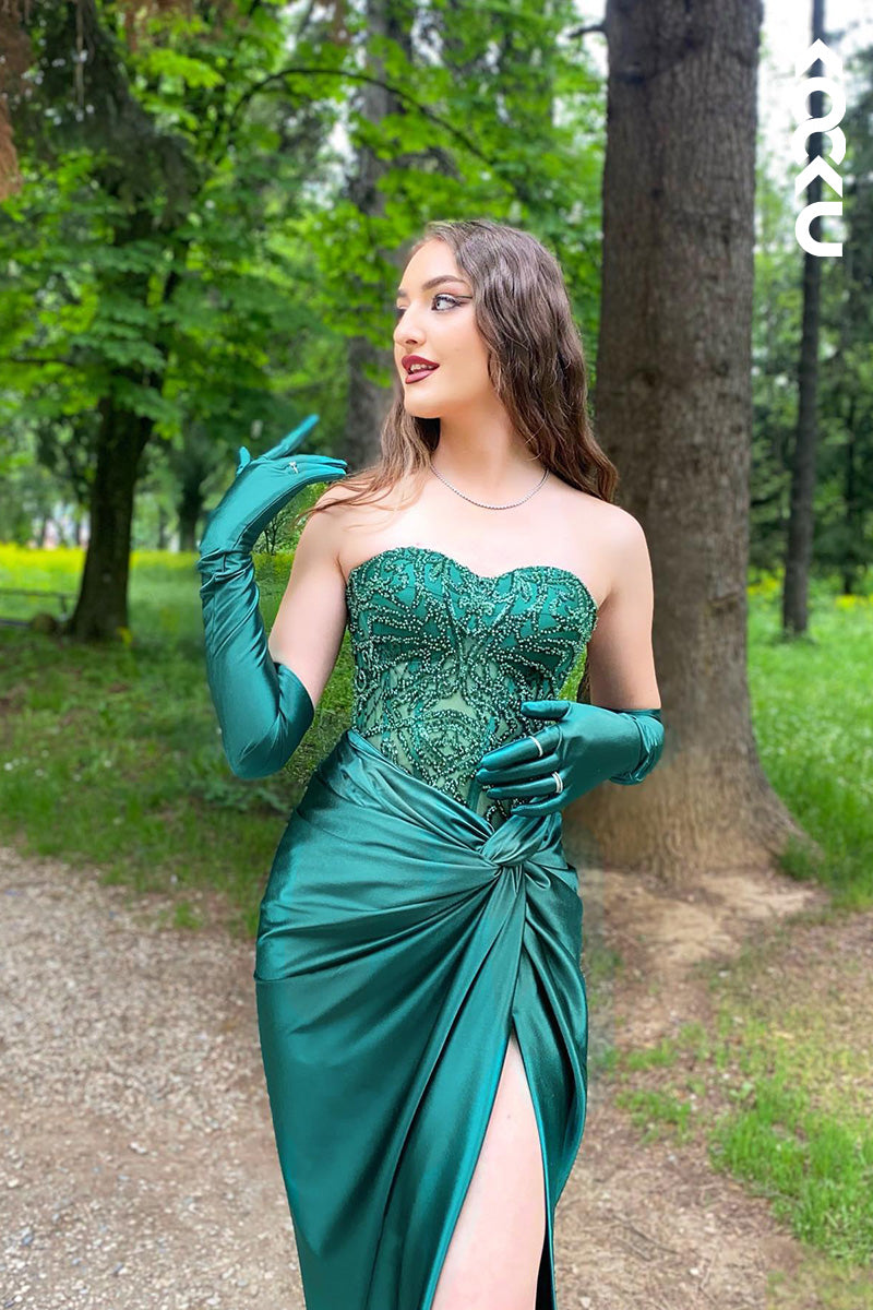 L2044 - Sweetheart Strapless Beaded Ruched Satin Sheath Long Prom Evening Dress