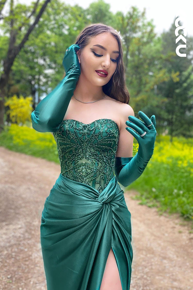 L2044 - Sweetheart Strapless Beaded Ruched Satin Sheath Long Prom Evening Dress