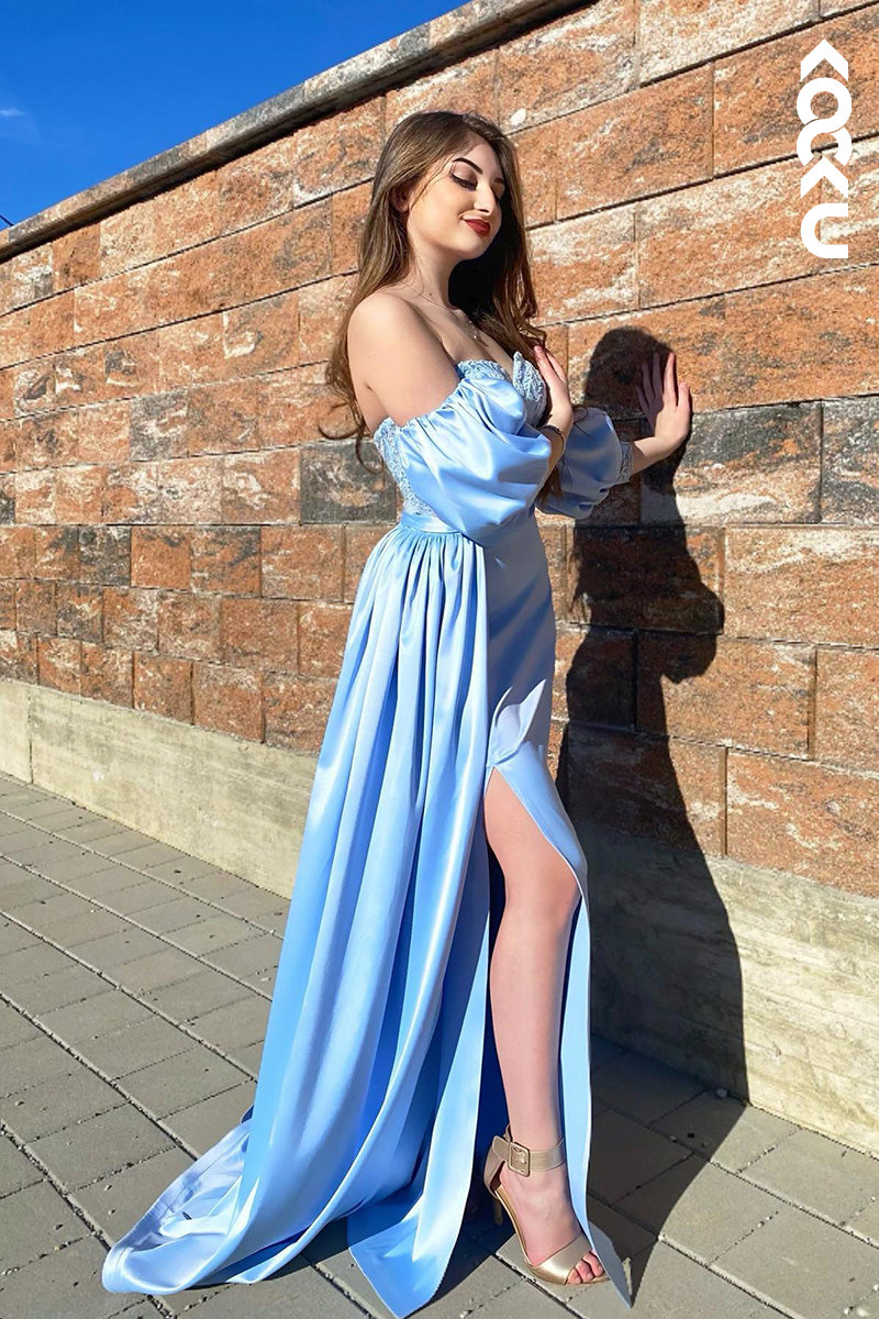 L2045 - Off-Shoulder Short Sleeves Appliqued Ruched Satin Sheath Long Prom Dress