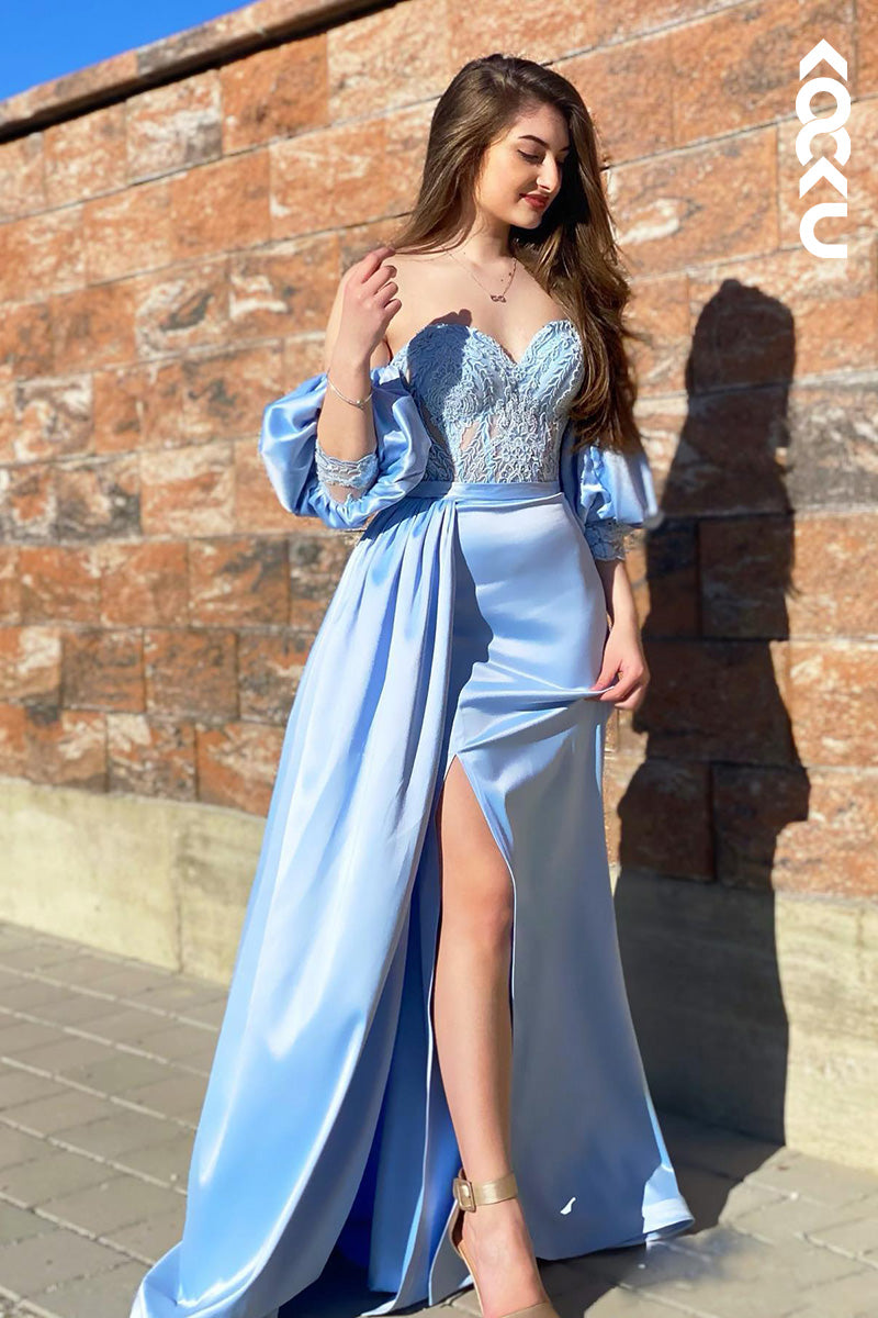 L2045 - Off-Shoulder Short Sleeves Appliqued Ruched Satin Sheath Long Prom Dress