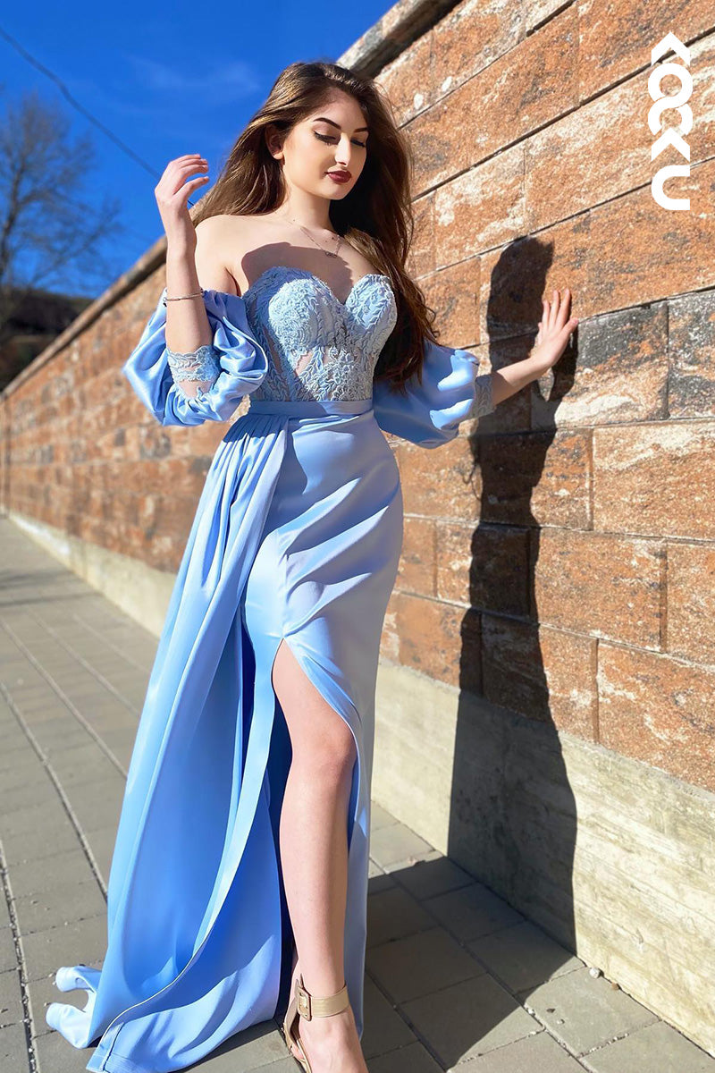 L2045 - Off-Shoulder Short Sleeves Appliqued Ruched Satin Sheath Long Prom Dress