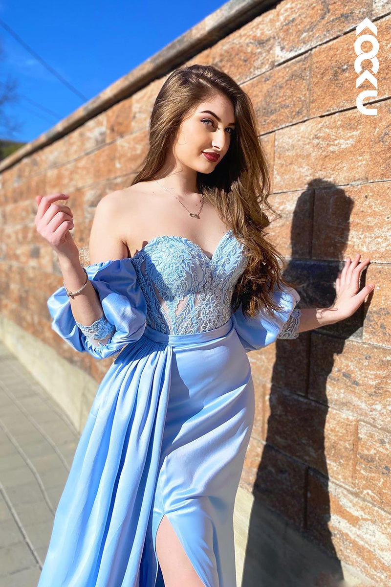 L2045 - Off-Shoulder Short Sleeves Appliqued Ruched Satin Sheath Long Prom Dress