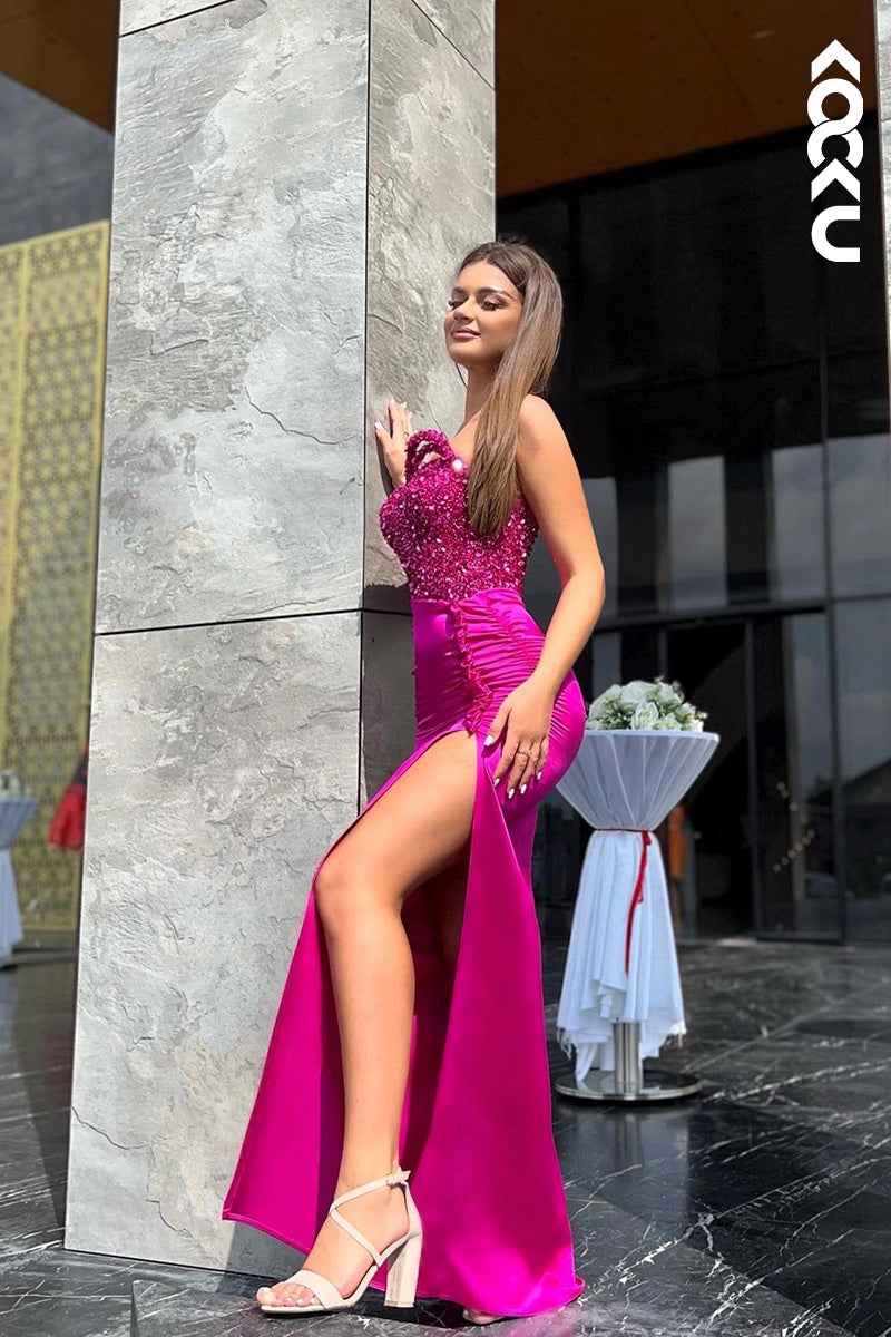L2046 - One Shoulder Sweetheart Sequined Ruched Satin Sheath Long Prom Dress