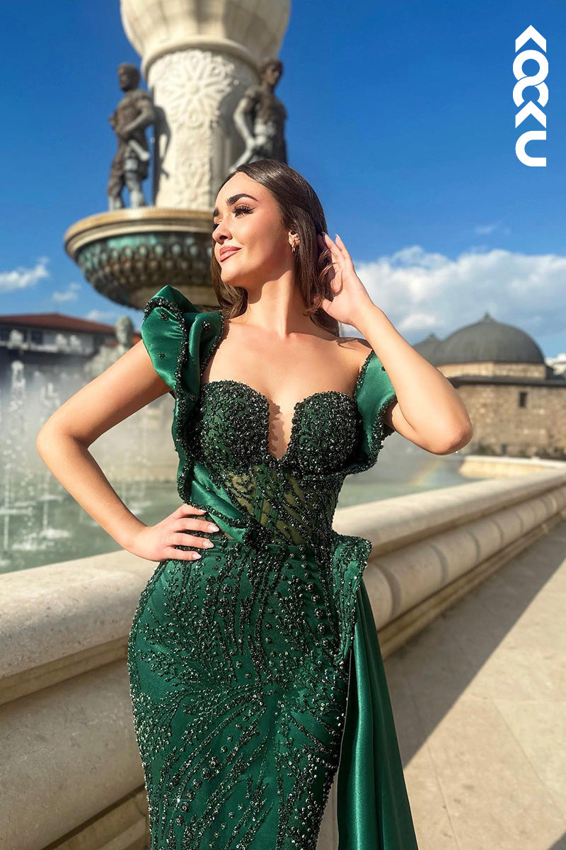 L2047 - One Shoulder Beaded Sheer Tulle Satin Sheath Long Prom Evening Dress