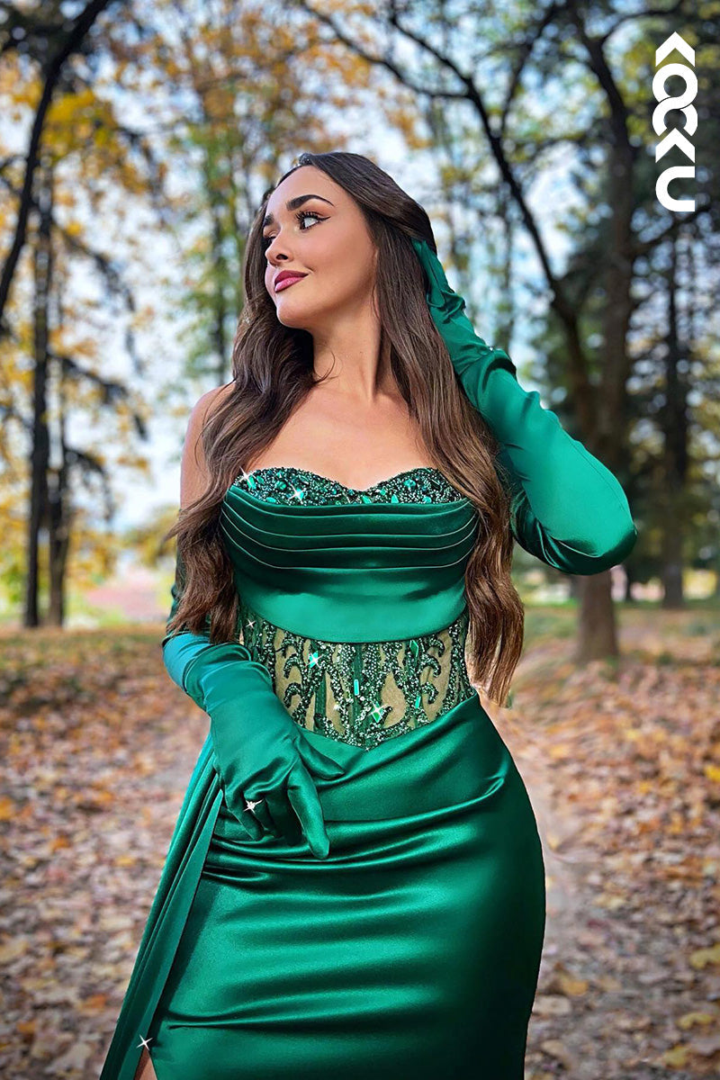 L2049 - Sweetheart Strapless Appliqued Ruched Satin Sheath Long Prom Evening Dress
