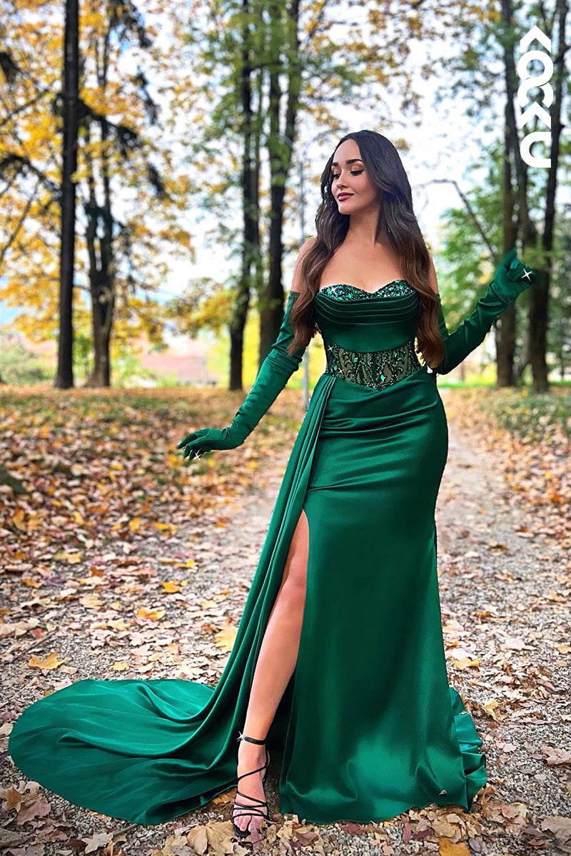 L2049 - Sweetheart Strapless Appliqued Ruched Satin Sheath Long Prom Evening Dress