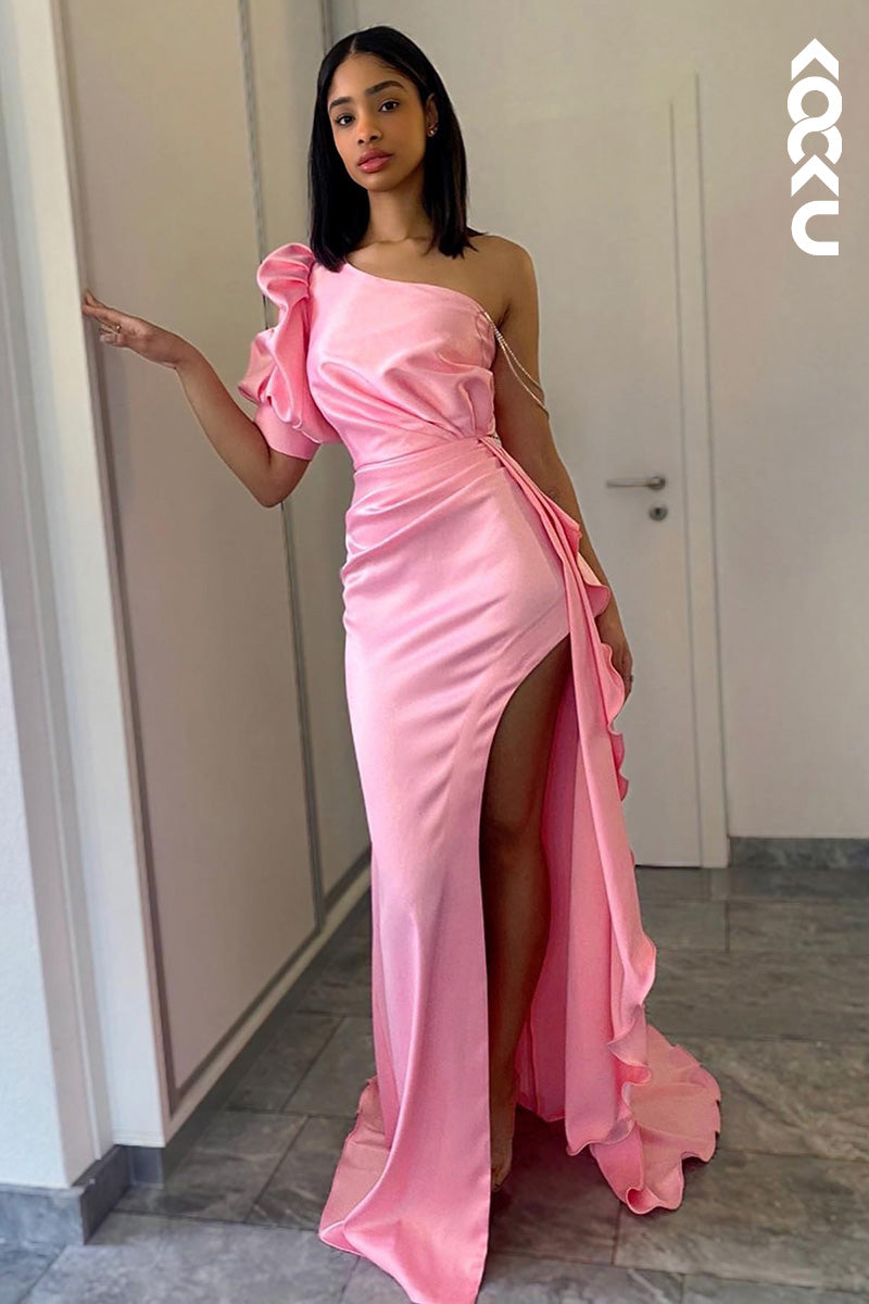 L2050 - One Shoulder Half Sleeves Ruched Satin Sheath Long Prom Evening Dress