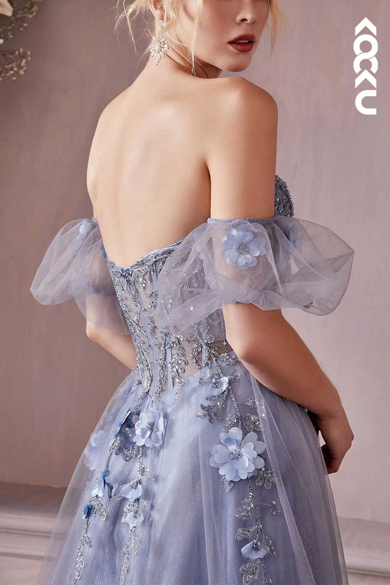 L2051 - Sweetheart Strapless Floral Appliqued Ruched Tulle A-Line Long Prom Dress