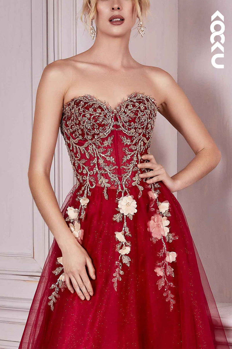 L2051 - Sweetheart Strapless Floral Appliqued Ruched Tulle A-Line Long Prom Dress