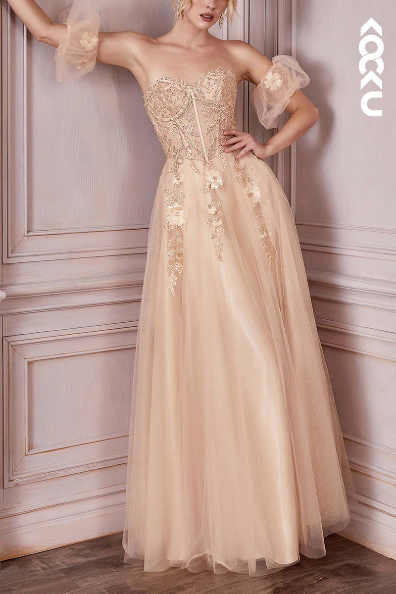 L2051 - Sweetheart Strapless Floral Appliqued Ruched Tulle A-Line Long Prom Dress