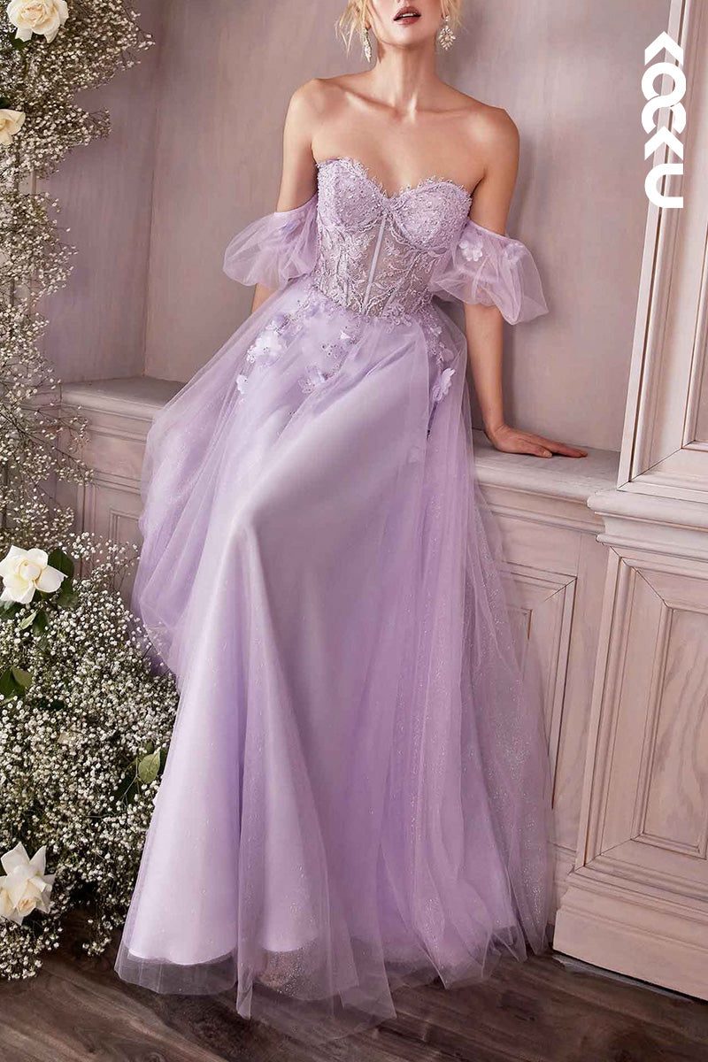 L2051 - Sweetheart Strapless Floral Appliqued Ruched Tulle A-Line Long Prom Dress