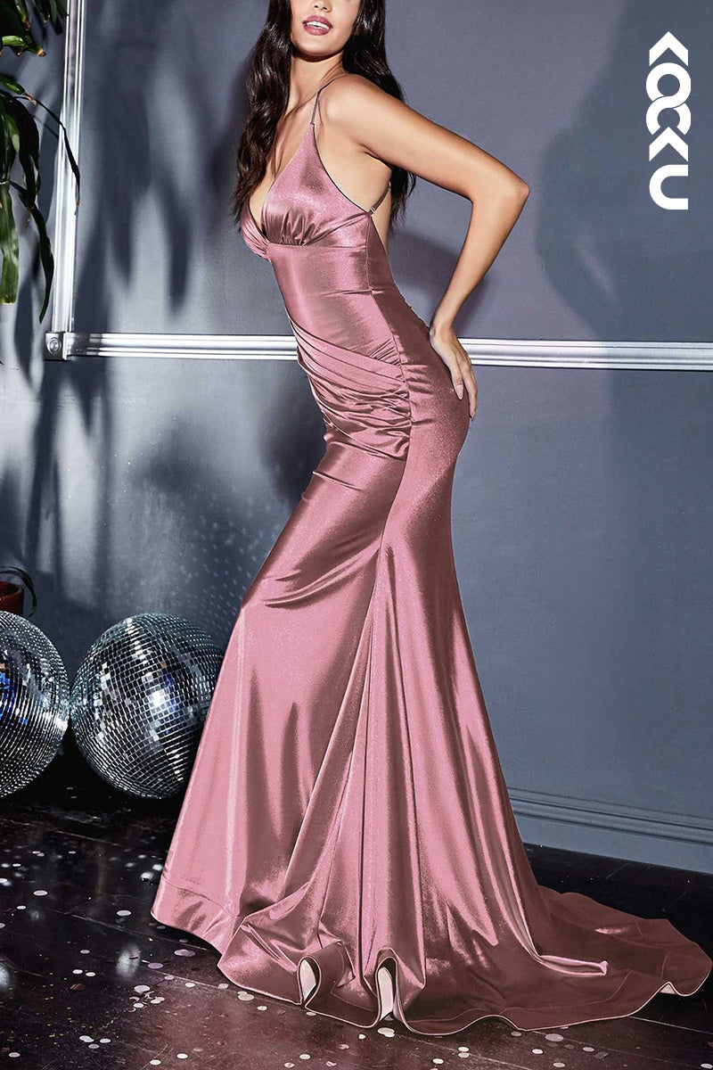 L2057 - Sweetheart Spaghetti Straps Ruched Satin Mermaid Long Prom Evening Dress