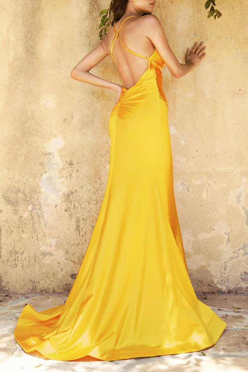 L2057 - Sweetheart Spaghetti Straps Ruched Satin Mermaid Long Prom Evening Dress