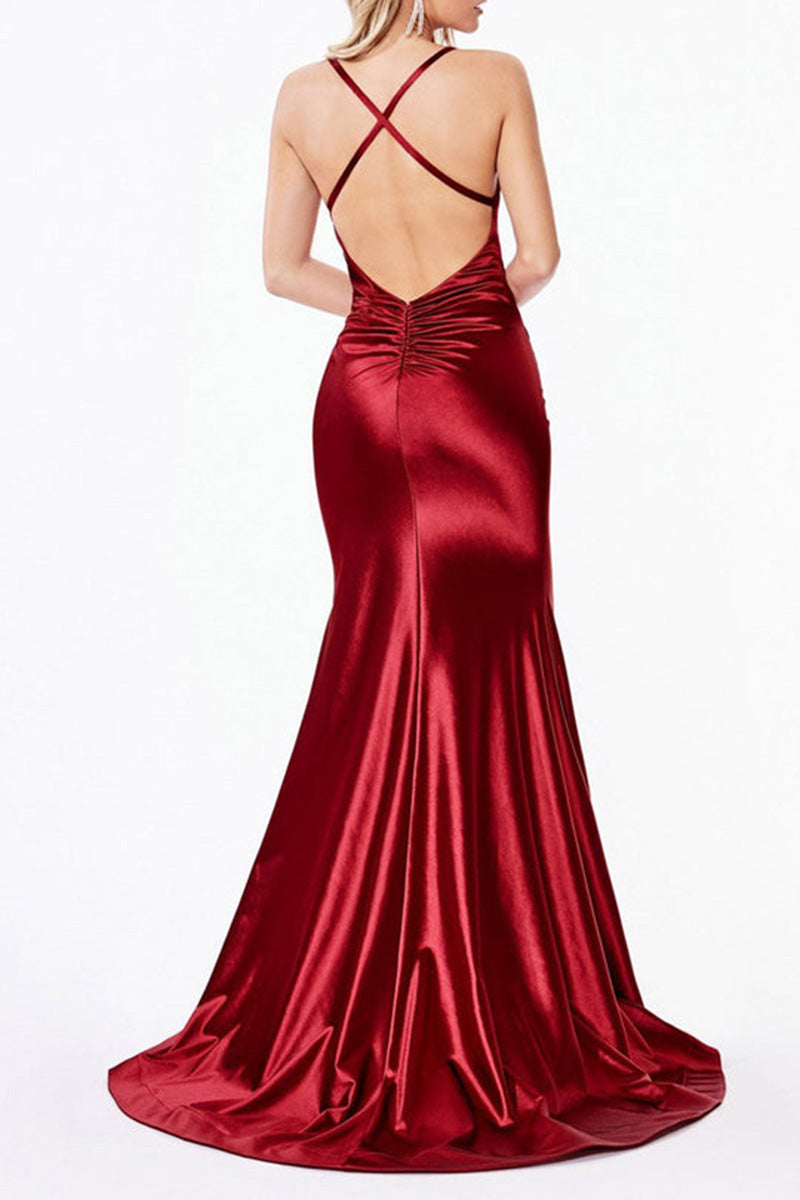 L2057 - Sweetheart Spaghetti Straps Ruched Satin Mermaid Long Prom Evening Dress