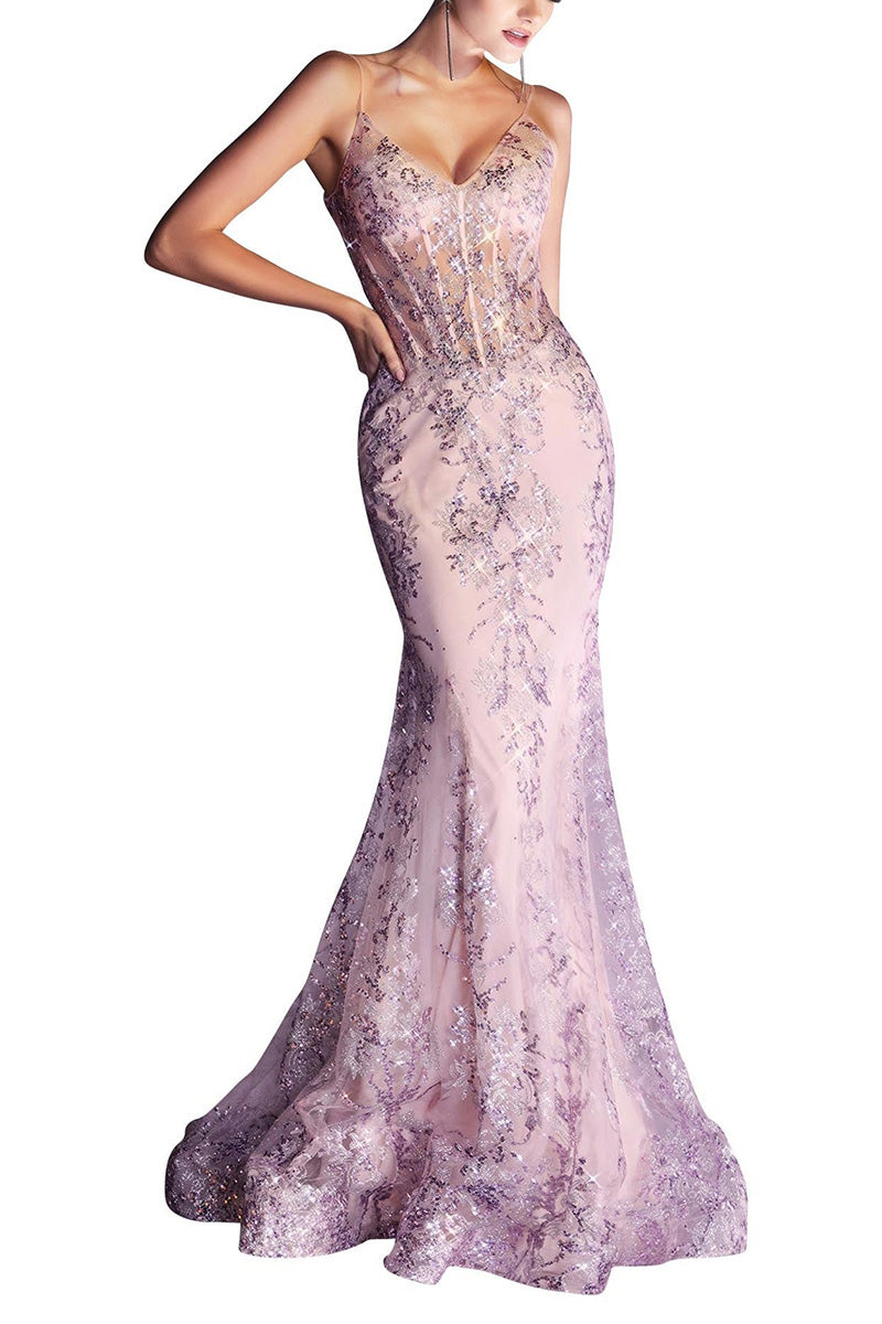 L2059 - Sweetheart Spaghetti Straps Appliqued Tulle Mermaid Long Prom Evening Dress