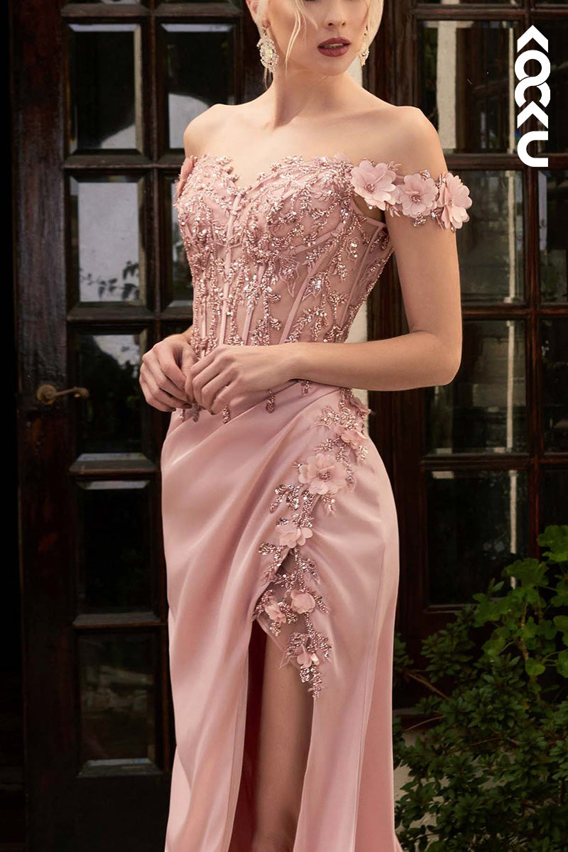 L2060 - Off-Shoulder Floral Appliqued Beaded Satin Sheath Long Prom Evening Dress