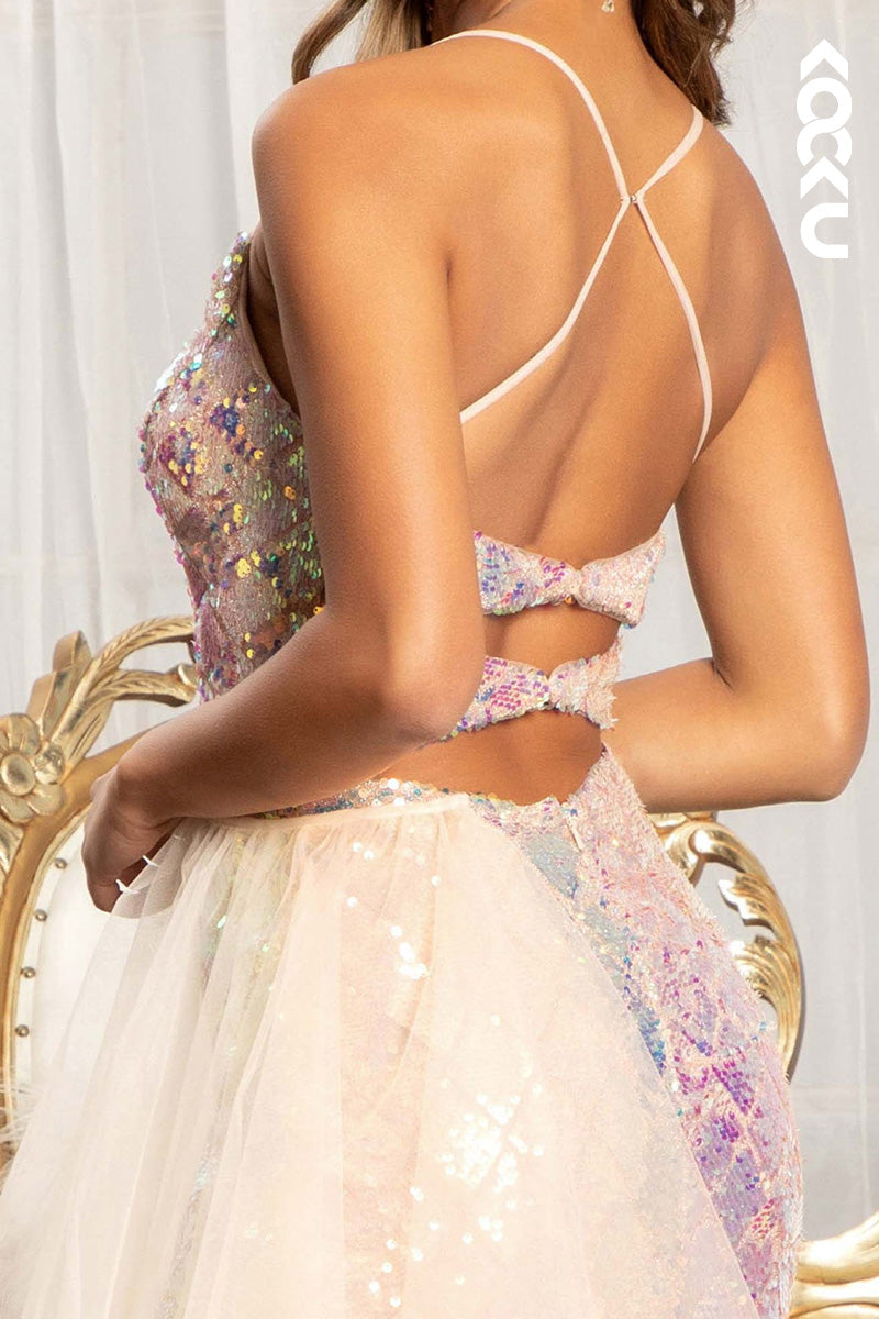 L2063 - V-Neck Spaghetti Straps Sequined Tulle Sheath Long Prom Evening Dress