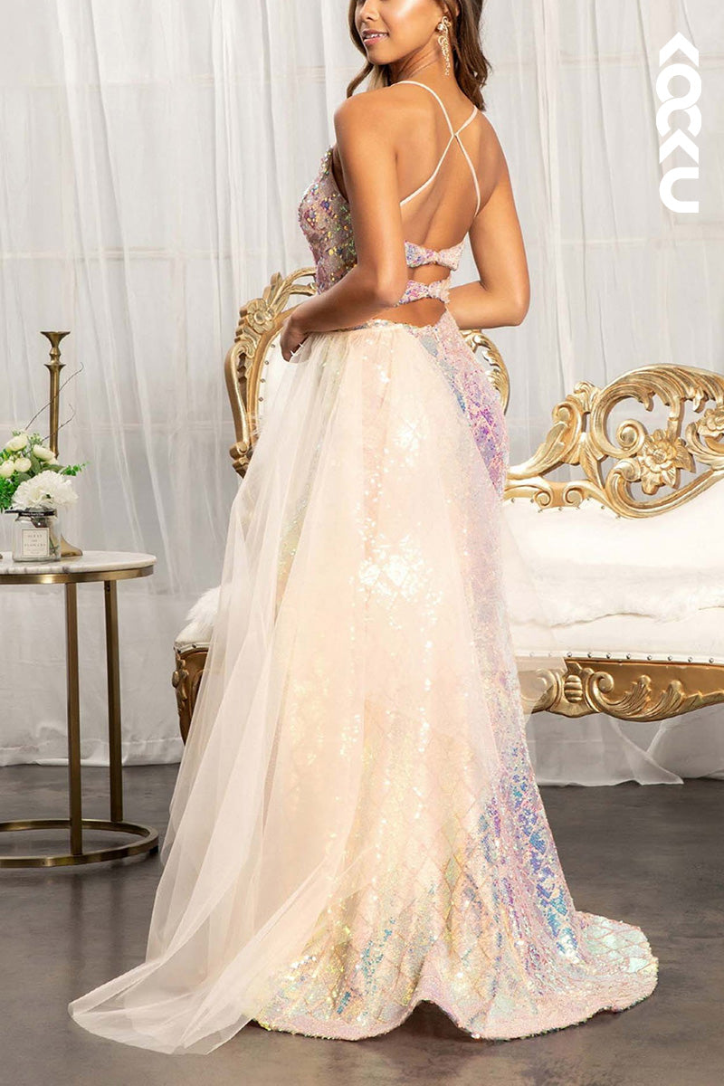 L2063 - V-Neck Spaghetti Straps Sequined Tulle Sheath Long Prom Evening Dress