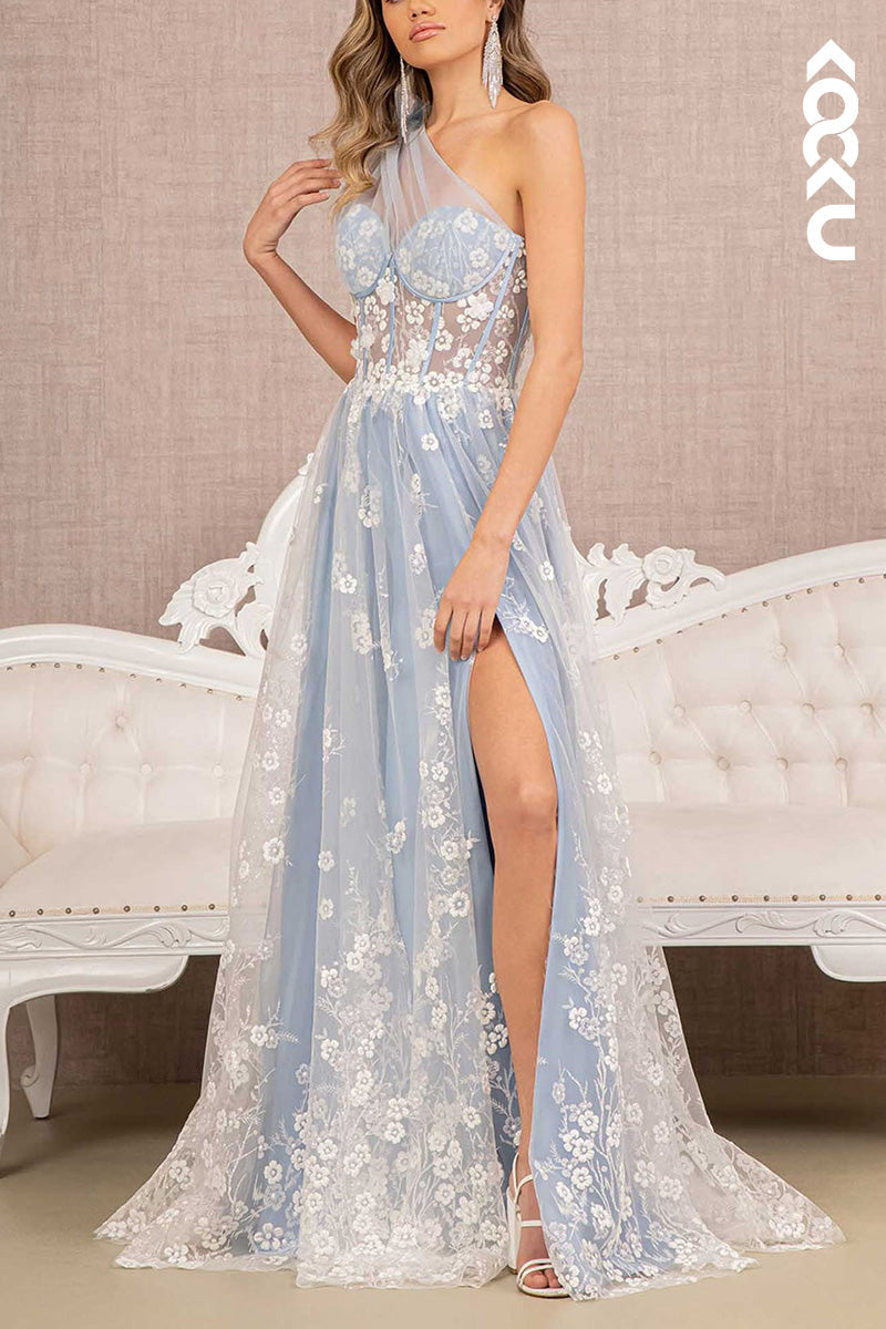 L2064 - One Shoulder Floral Print Sheer Ruched Tulle A-Line Long Prom Evening Dress