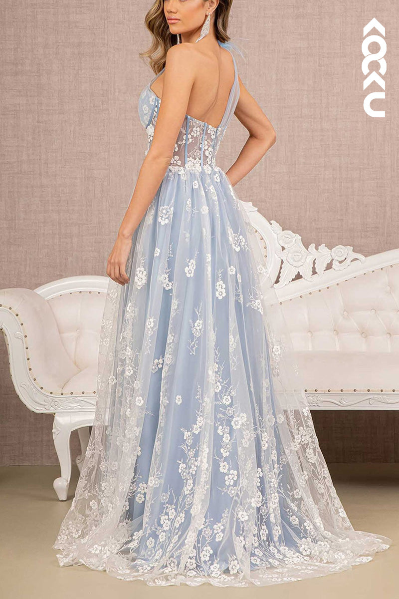 L2064 - One Shoulder Floral Print Sheer Ruched Tulle A-Line Long Prom Evening Dress