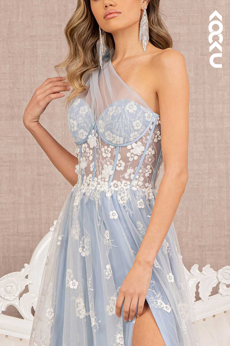 L2064 - One Shoulder Floral Print Sheer Ruched Tulle A-Line Long Prom Evening Dress