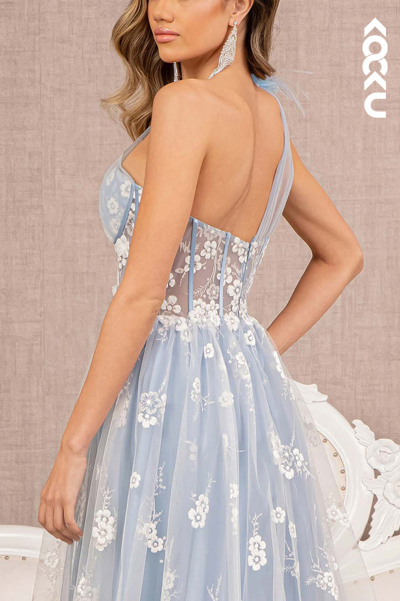 L2064 - One Shoulder Floral Print Sheer Ruched Tulle A-Line Long Prom Evening Dress