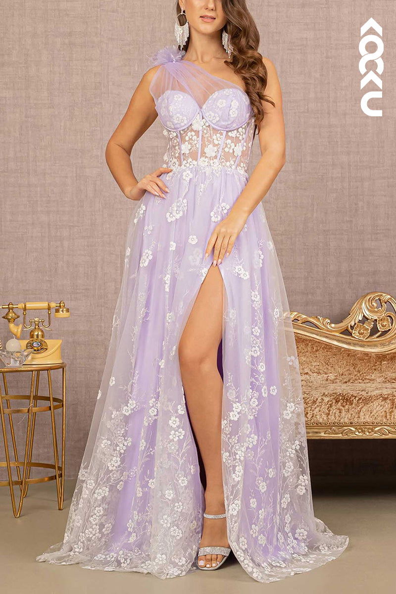L2064 - One Shoulder Floral Print Sheer Ruched Tulle A-Line Long Prom Evening Dress
