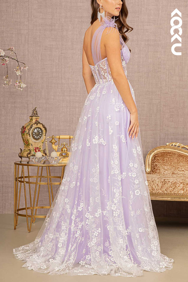 L2064 - One Shoulder Floral Print Sheer Ruched Tulle A-Line Long Prom Evening Dress