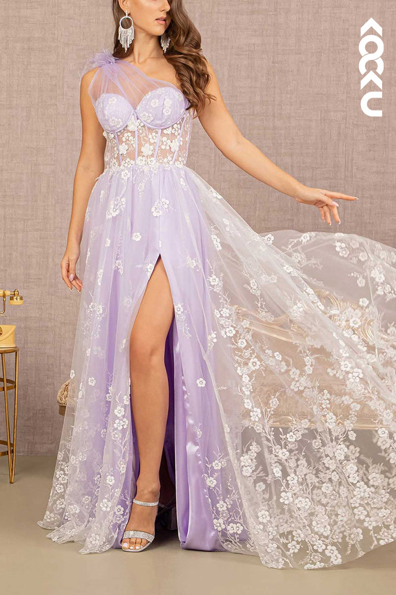 L2064 - One Shoulder Floral Print Sheer Ruched Tulle A-Line Long Prom Evening Dress