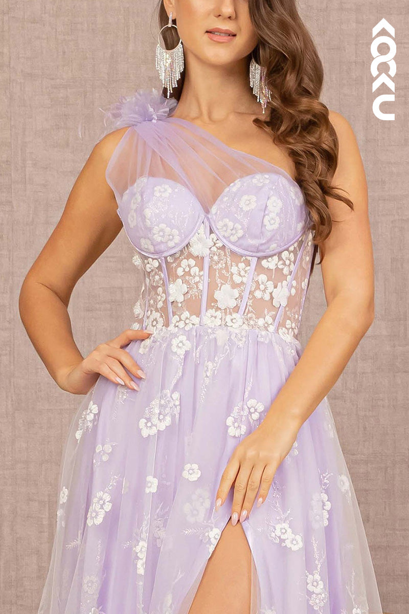 L2064 - One Shoulder Floral Print Sheer Ruched Tulle A-Line Long Prom Evening Dress