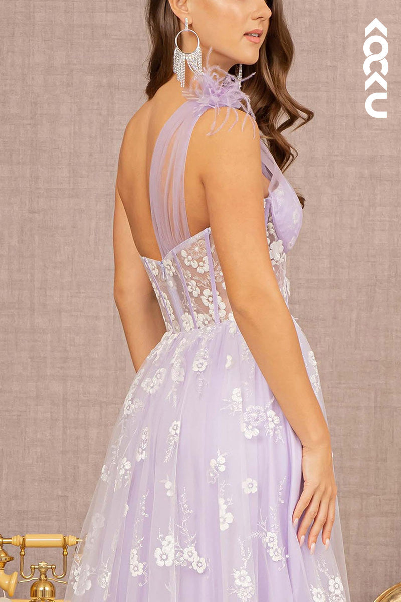 L2064 - One Shoulder Floral Print Sheer Ruched Tulle A-Line Long Prom Evening Dress