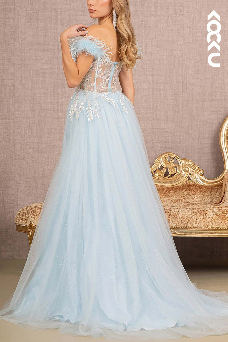 L2066 - Off-Shoulder Sweetheart Appliqued Feather Sheer Tulle A-Line Long Prom Dress