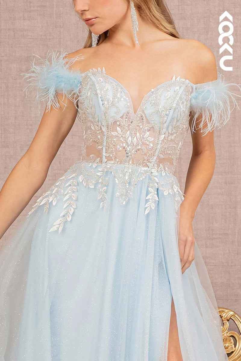 L2066 - Off-Shoulder Sweetheart Appliqued Feather Sheer Tulle A-Line Long Prom Dress