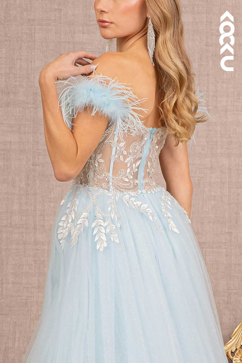 L2066 - Off-Shoulder Sweetheart Appliqued Feather Sheer Tulle A-Line Long Prom Dress