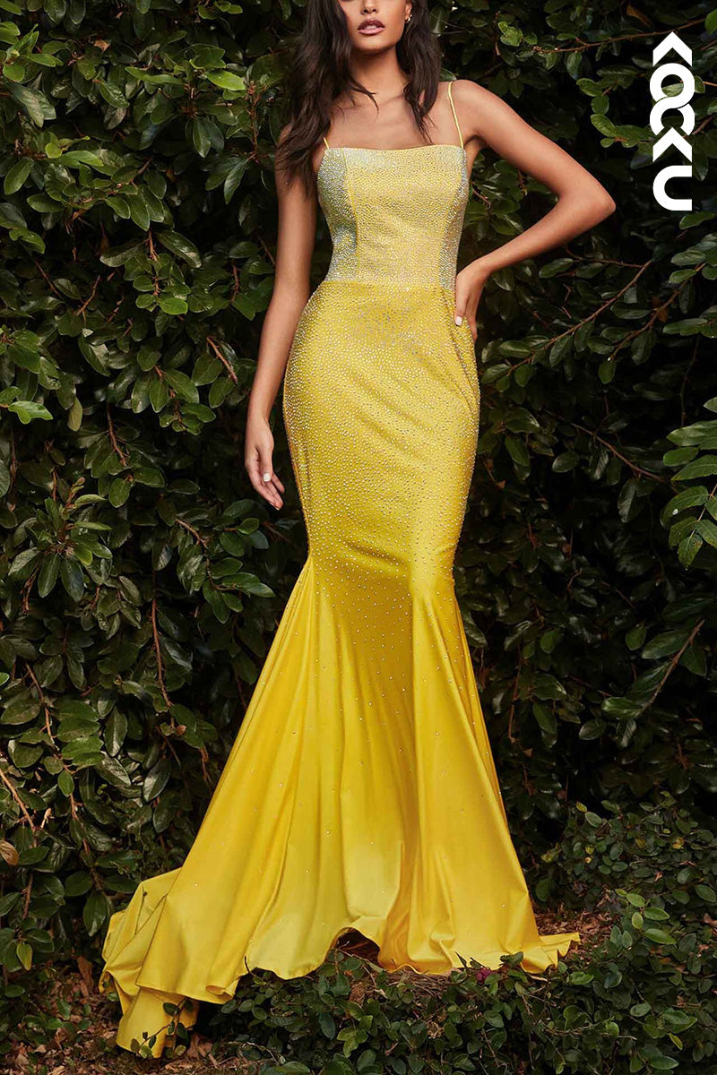 L2084 - Spaghetti Straps Sleeveless Beaded Satin Mermaid Long Prom Evening Dress
